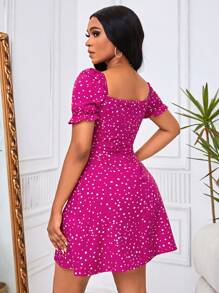 SHEIN VCAY Spring Polka Dot Print Puff Sleeve Knot Front Ruched Bust Red Dress