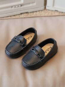 Kids Casual Minimalist Slip-On Round Toe Flat Loafer Shoes - Black - View 1