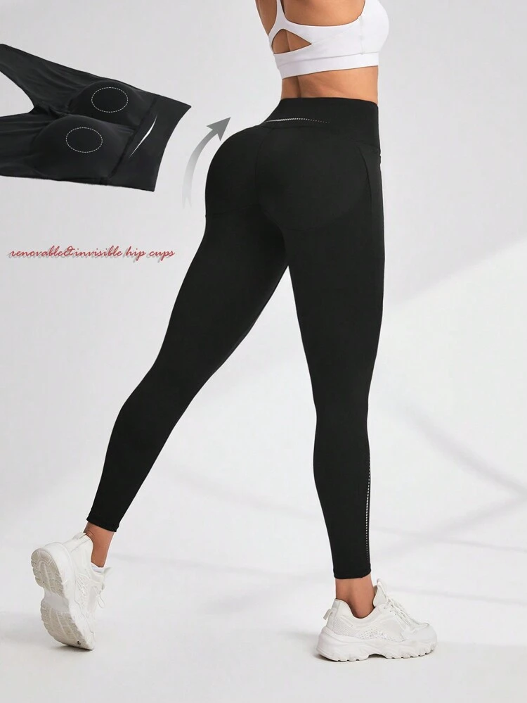 Women's High Waist Butt Lift Stretch Leggings With Reflective Print, Hip Pads And Pocket Details