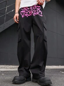 Manfinity EMRG Loose Fit Men's Cargo Pants With Letter Print - Black - View 4