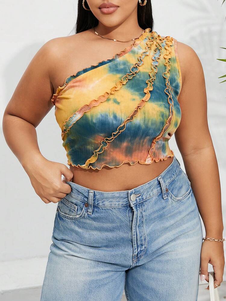 Plus Size Women's Summer Casual Holiday Music Festival Tie-Dye One Shoulder Crop Top,Summer Y2k Going Out Top