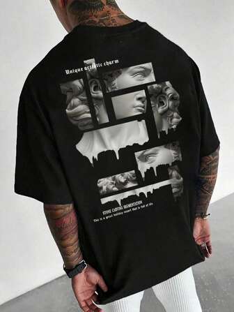 Manfinity EMRG Men Sculpture Graphic Print Loose Casual Short Sleeve T-Shirt, For Going Out, Boyfriend Gift