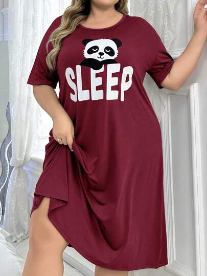 Plus Size Women's Pajama Sleepwear Dress With Printed English Wording & Bear Pattern