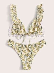 Swim Mod Summer Beach Floral Print Ruffle Trim Bikini Set