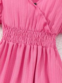 Solid Color V-Neck Short Sleeve Dress For Tween Girls, Summer,Holiday,Summer,Travel - Watermelon Pink - View 7