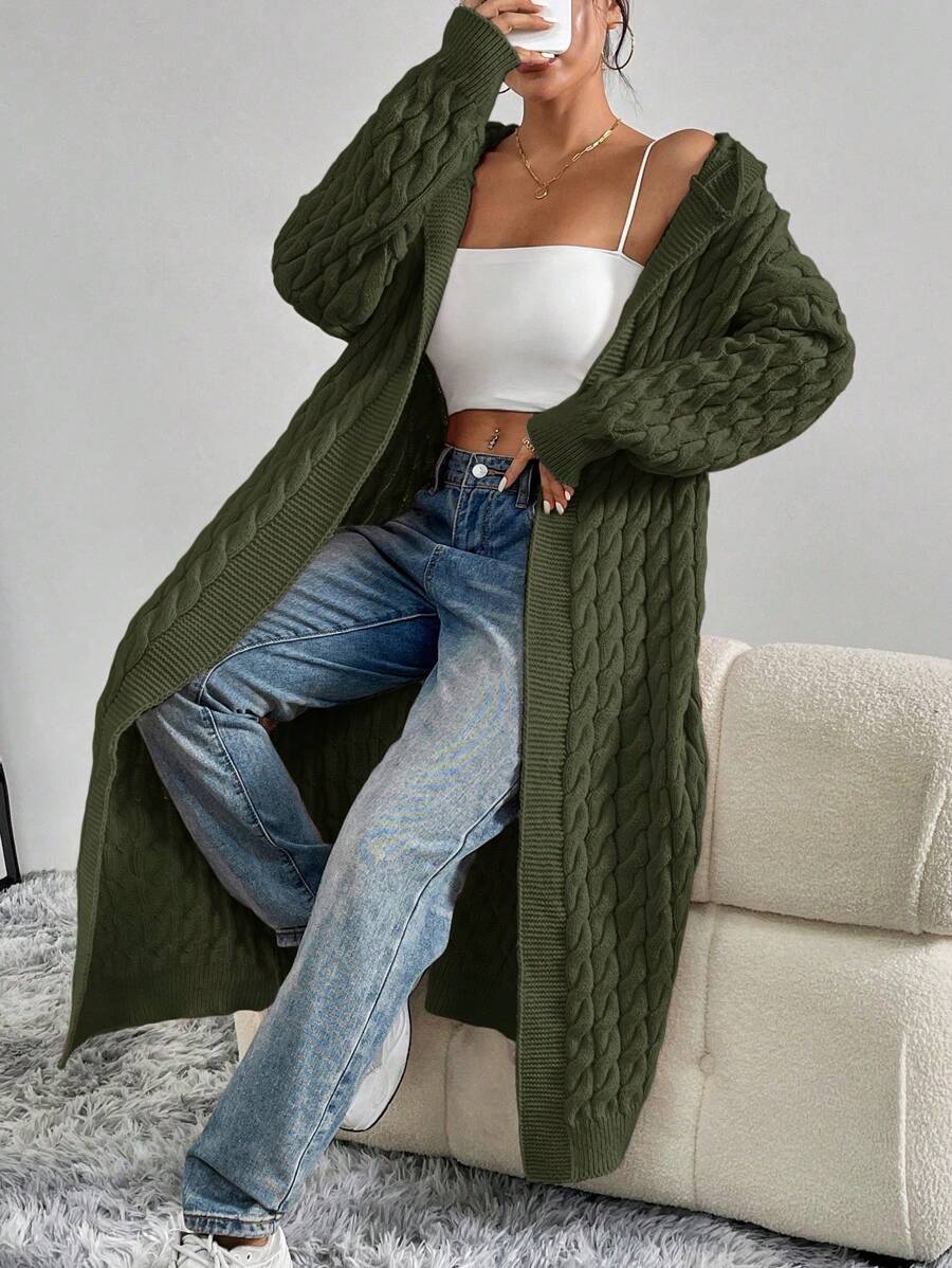 Women's Fashionable Solid Color Cable Knit Cardigan, Versatile For Autumn - Army Green - View 1
