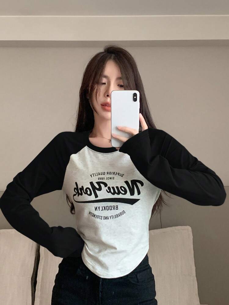 Letter Print Color Block Raglan Sleeve T-Shirt SUPERIOR QUALITY SINCE 1989 New York BROOKLYN DURABILITY AND STRENGTH,Fall Clothes Long Sleeve Women Tops Graphic Tee