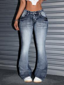 SHEIN ICON Low-Rise Slim Fit Flared Jeans - Medium Wash - View 1