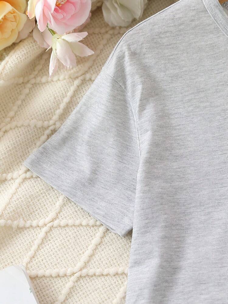 Tween Girl Solid Grey Simple Style Short Sleeve Top And Long Pants Casual Home Outfit Set