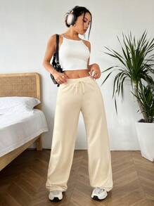 SHEIN EZwear 女性實色拉繩時尚寬腿運動褲,適合日常穿著 - 杏色 - 查看 4