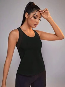 Menodora SHEIN Sport Áo ba lỗ thể thao cổ tròn màu trơn cho nữ, thích hợp cho yoga, áo chạy bộ nén Áo sơ mi vừa vặn - màu đen - Xem 5