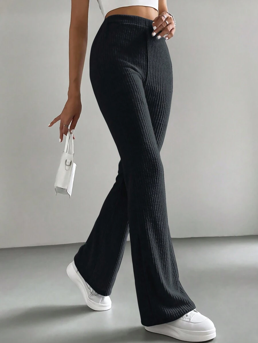 SHEIN Tall Solid Flare Leg Pants - Black - View 1