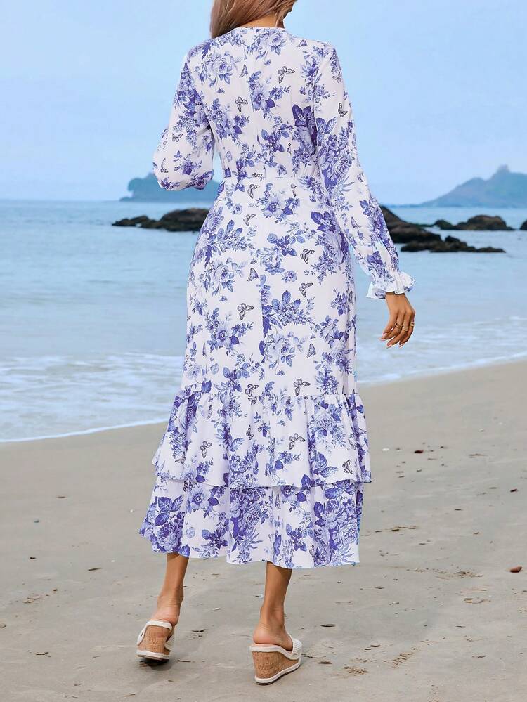 Women's Butterfly Printed Dress With Flounce Sleeves