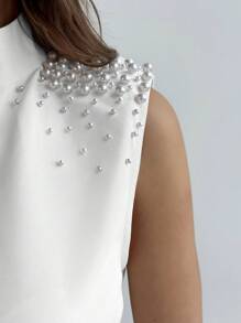 Aloruh Camisa De Cuello Alto Para Mujer Con Hombro Acolchado De Color Sólido Y Decoración De Perlas, Adecuada Para El Verano