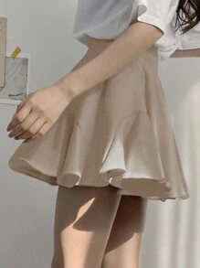 DAZY 女性純色休閒彈性腰帶羊毛裙 - 卡其色 - 查看 2