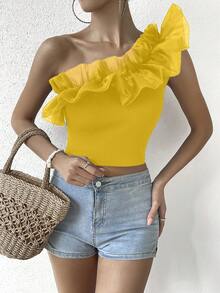 SHEIN VCAY Women's Solid Color Ruffle Trim Asymmetric Neckline Sleeveless Summer Top - Mustard Yellow - View 4