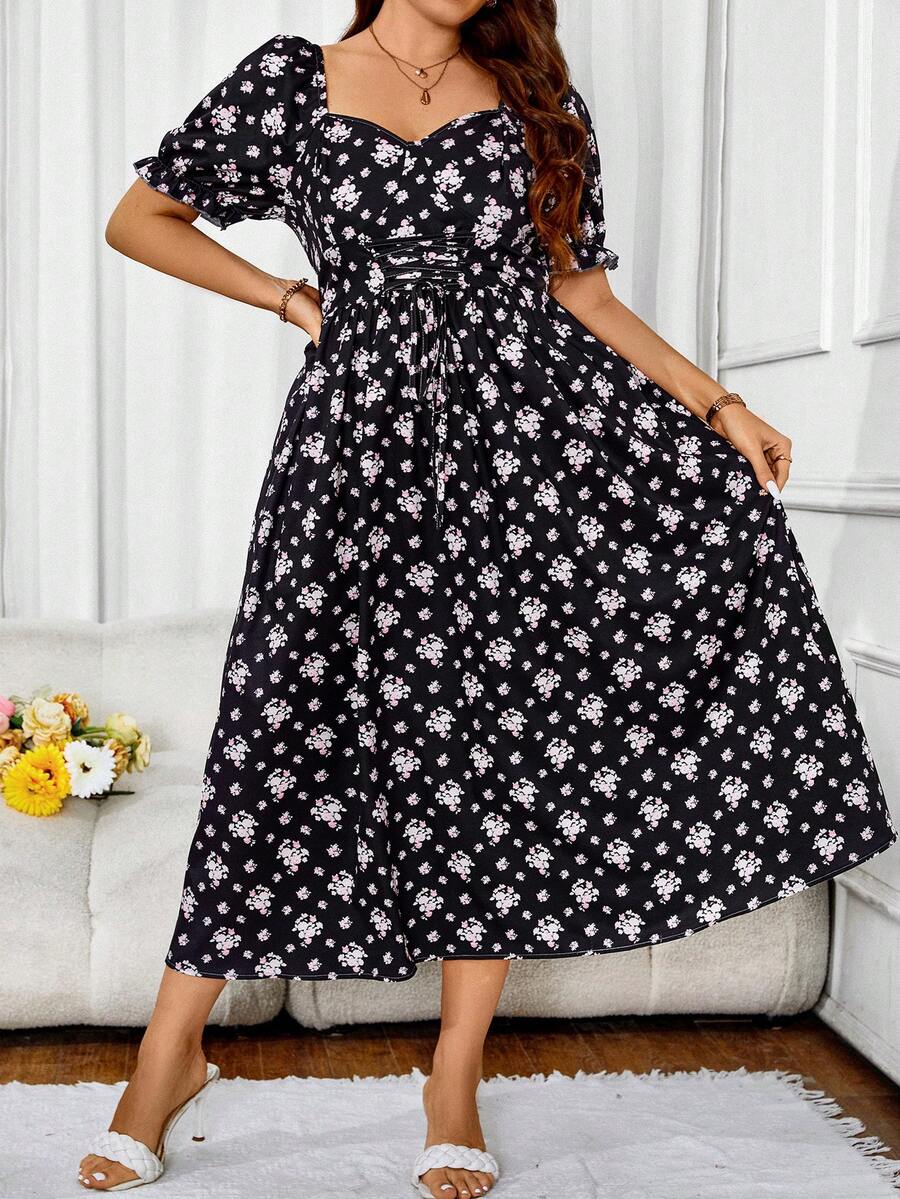 SHEIN LUNE Kích thước lớn Của phụ nữ Bong bóng Tay áo Hoa In Đầm Với Mặt trước Buộc - màu đen - Xem 1