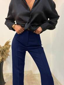EURMUSE Pantalones Acampanados De Color Sólido Para Mujer - Azul Marino - Ver 4
