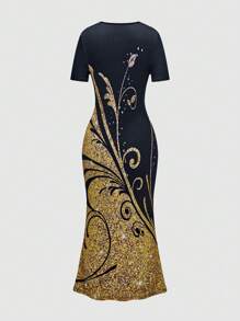 Lyxana Vestido maxi de mujer tipo sirena con bloque de color y estampado de plantas con escote en V