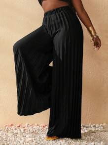 Slaydiva 夏季优雅弹力腰深绿色褶皱大脚超长阔腿裤（女款） - 黑色 - 查看 5