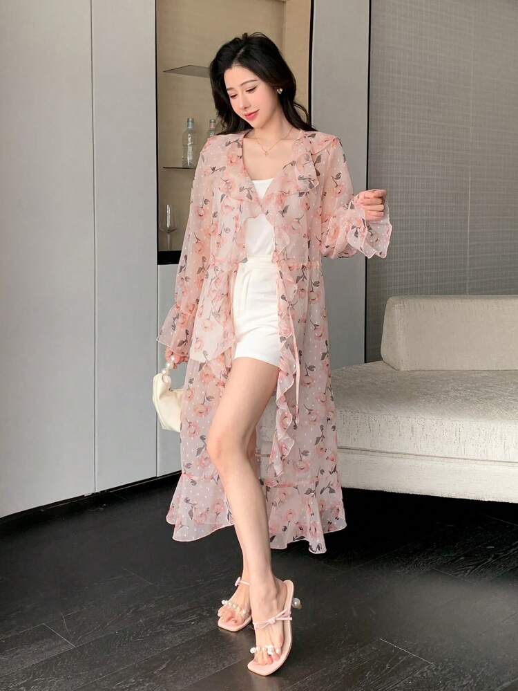 Women's Floral Print Shirt With Scalloped Collar And Long Sleeves, Suitable For Summer,Ruffle Sheer Easter