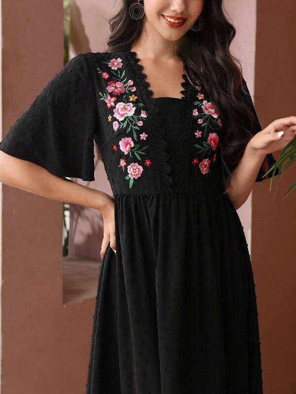 Al Najma Women's Floral Embroidery Flounce Sleeve Dress