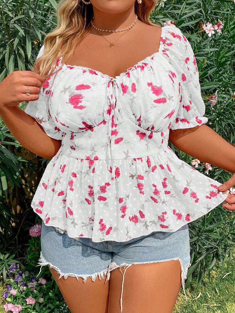 Plus Size Sweetheart Collar And Babydoll Hem Printed Blouse