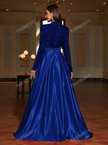 Faeriesty Vestido formal de satén con cuello alto y lentejuelas de contraste Faeriesty