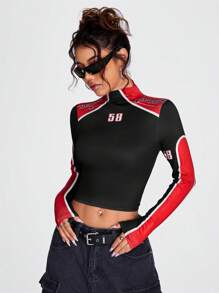 Coolane Letter Graphic Mock Neck Colorblock Crop Tee