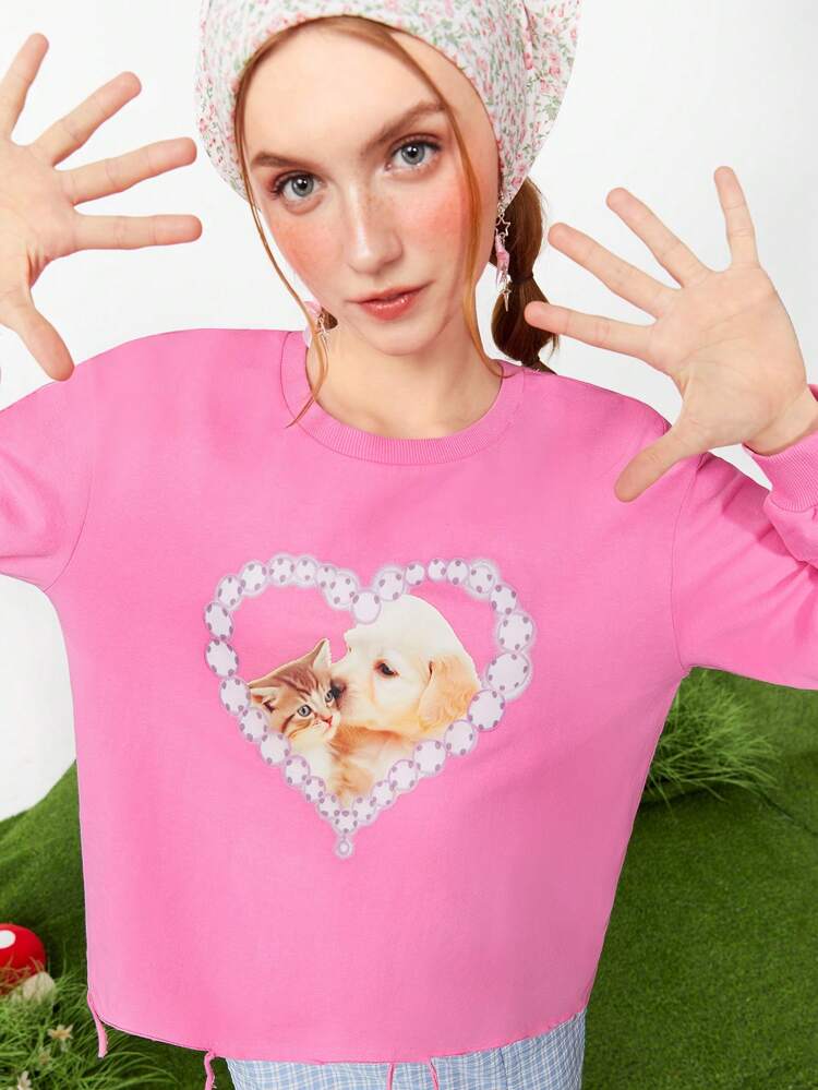 Women's Printed Washed And Torn Pink Long Sleeved Hoodie