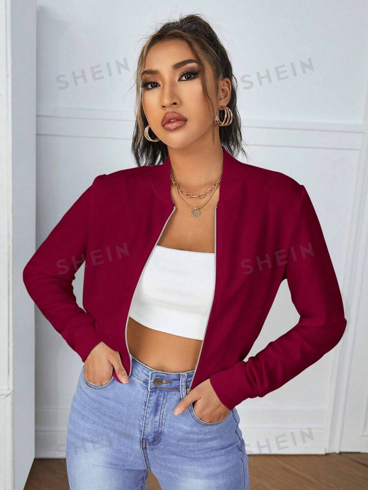 SHEIN Essnce Veste Courte A Fermeture Eclair Pour Femme Style Decontracte Et De Couleur Unie Ayant De La Mode Mode en ligne SHEIN FRANCE