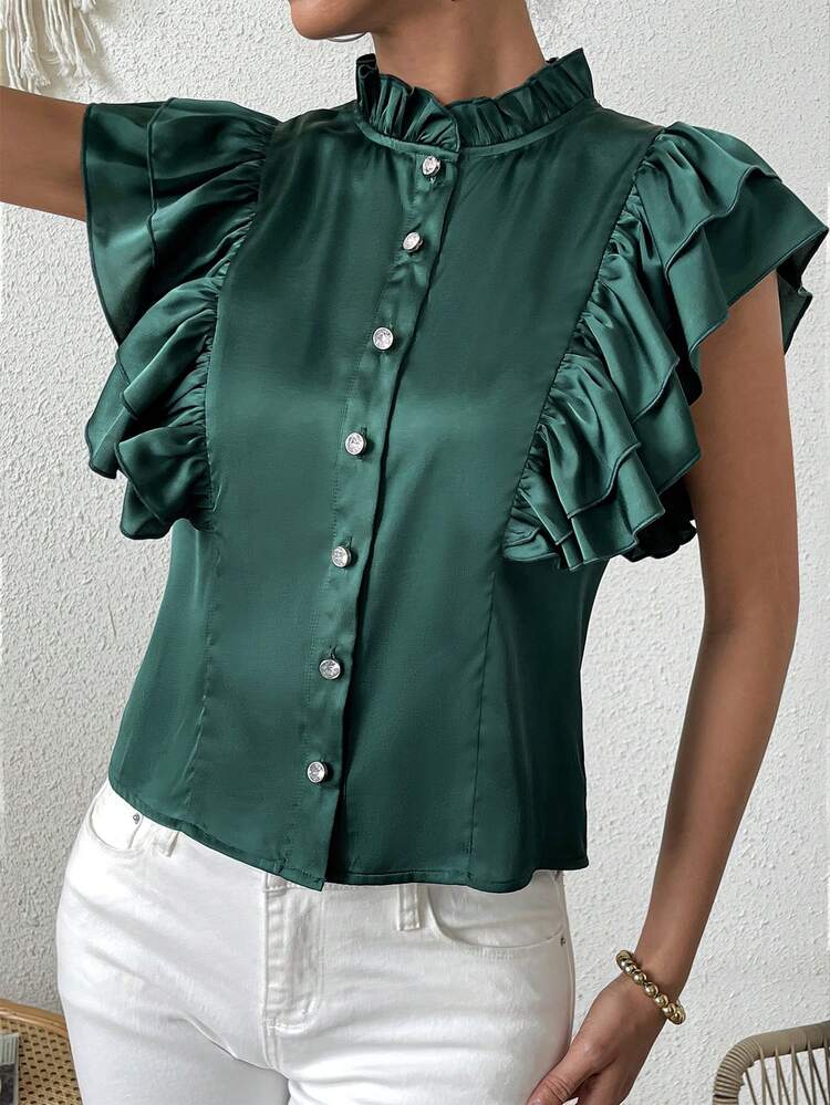 Spring/Summer Commuter Green Round Collar Ruffle Patchwork Women Tops