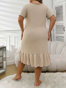 Plus Size Contrast Lettuce Trim Sleep Dress With Ruffle Trim - Apricot - View 2