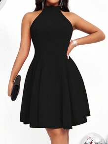 SHEIN Unity Ladies' Solid Color Halter Neck Waist-Drawstring Dress - Black - View 4