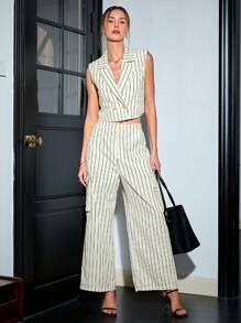 Sollinarry 有扣領無袖條紋襯衫和帶口袋寬腿褲的兩件套裝 - 杏色 - 查看 1