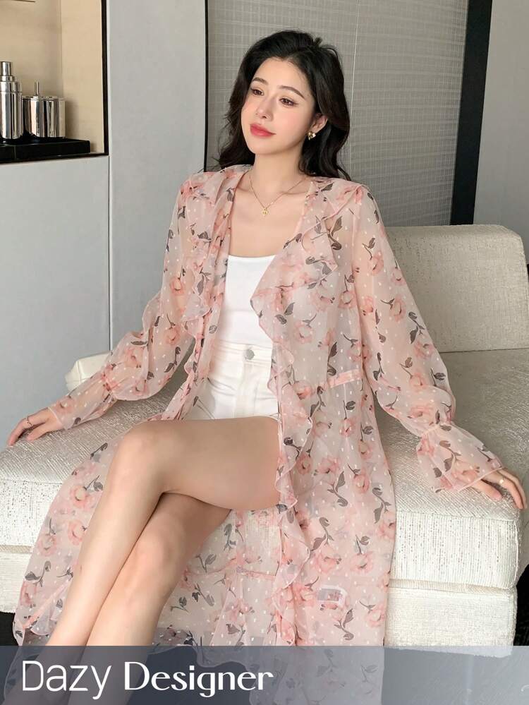 Women's Floral Print Shirt With Scalloped Collar And Long Sleeves, Suitable For Summer,Ruffle Sheer Easter
