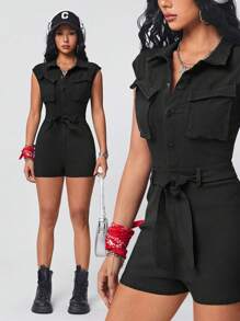 SHEIN EZwear Women's Solid Color Jumpsuit With Tie Waist And Dolman Sleeves, Versatile