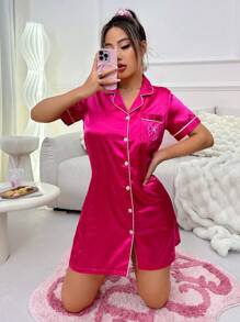 Ladies' Color-Block Printed Chemise Pajama Dress With Lace Trim Luxe Loungewear, Vacation