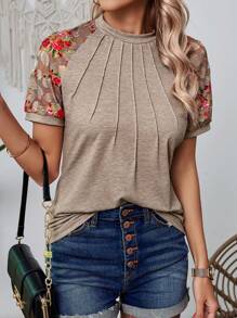 SHEIN Clasi Áo thun tay ngắn lưới họa tiết hoa tương phản cho nữ - Màu Khaki - Xem 3