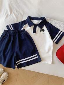 Young Boy Color-Block Short Sleeve T-Shirt And Shorts Set For Summer