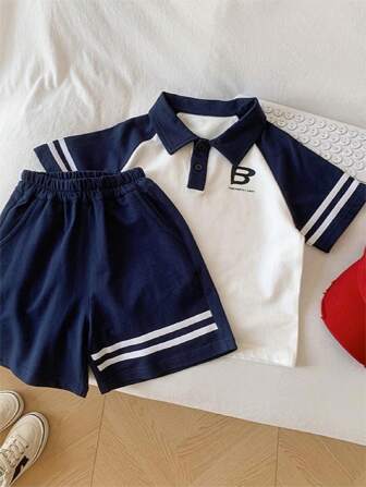 Young Boy Color-Block Short Sleeve T-Shirt And Shorts Set For Summer
