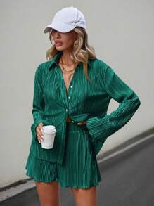 SHEIN Essnce Women's Long Sleeve Pleated Shirt And Shorts Casual Two-Piece Set For Spring/Summer - Dark Green - View 3