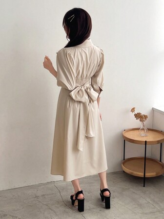 FRIFUL 女式纯色翻领连衣裙，后背蝴蝶结设计衬衫裙