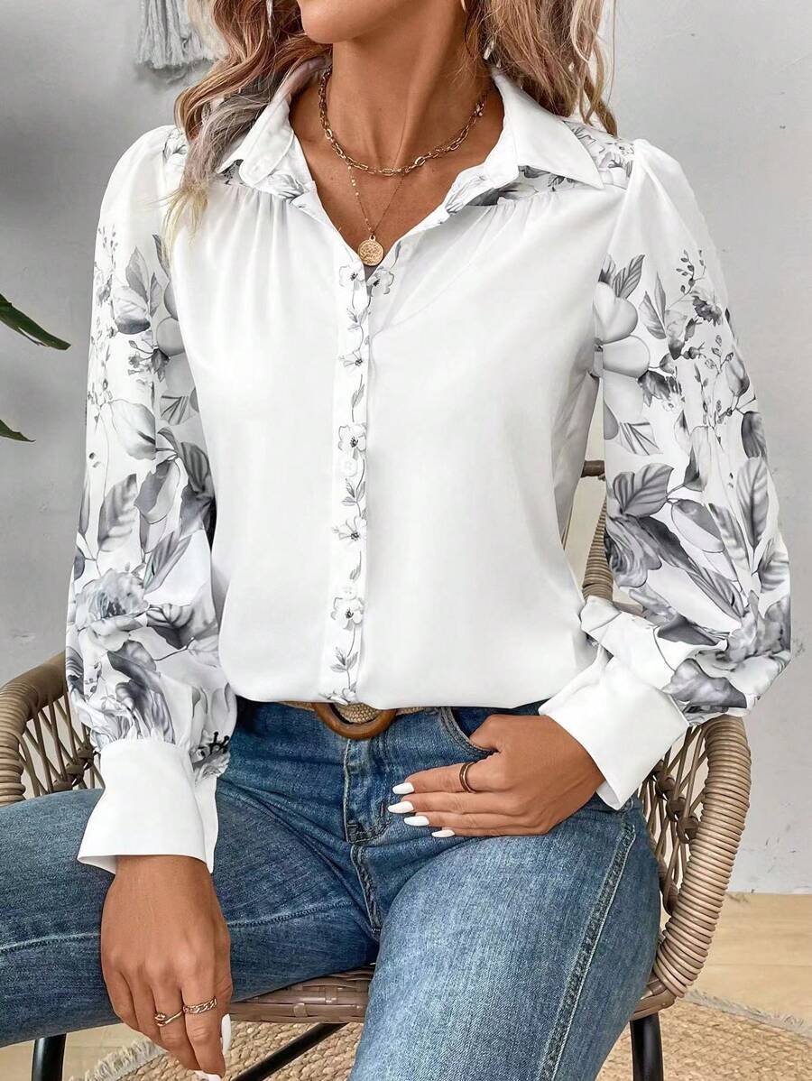 SHEIN LUNE Plant Print Button Down Long Sleeve Shirt - White - View 1