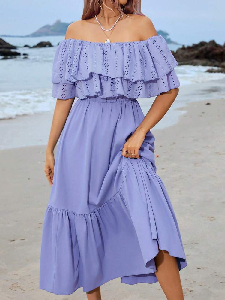 Women's Off Shoulder Cinched Waist Ruffle Hem Dress