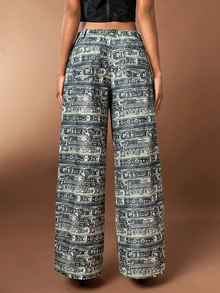 Women's Vintage Belted Printed Wide Leg Pants