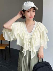 FRIFUL Chemise Pour Femmes En Tissu Jaune Avec Volants Multicouches, Liens Avant Pour L'été.