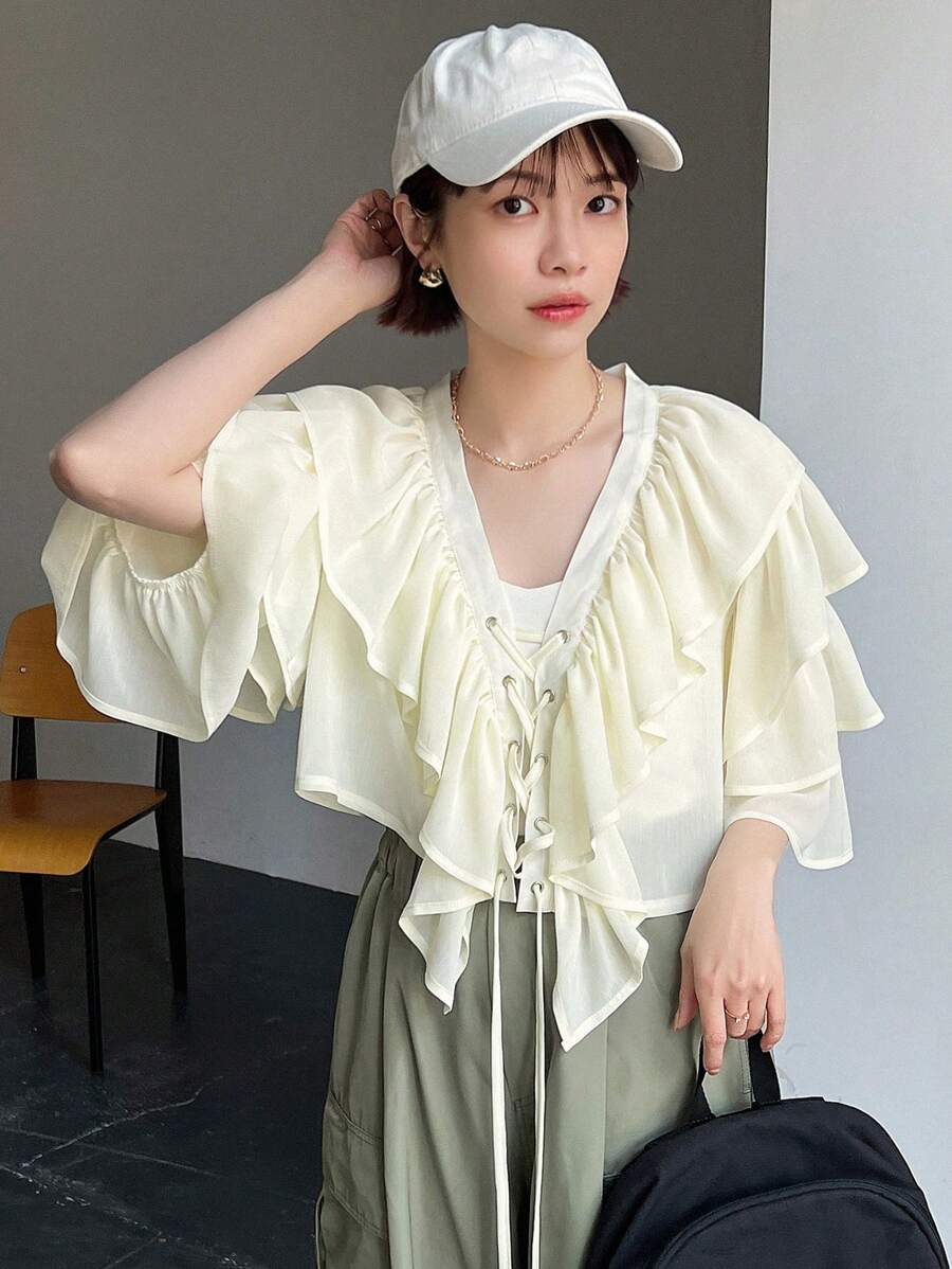 FRIFUL Chemise Pour Femmes En Tissu Jaune Avec Volants Multicouches, Liens Avant Pour L'été.