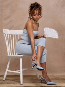 MUSERA Stretch Woven Bandeau Button Detail Top Vacation Casual Spring Summer - Blue - View 3