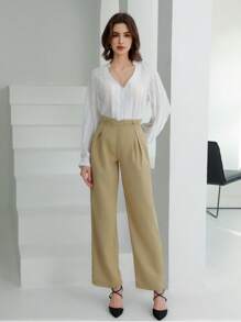 GENKIRA V領紋理半透明長袖女式襯衫 - 白色 - 查看 5